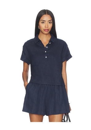 perfectwhitetee Linen 1/4 Button Down Collared Tee in Navy. Size XS. Also in S, M, L, XL.