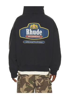 Rhude Racing Crest Zip Up Hoodie in Black. Size L. Also in M, XL/1X, XXL/2X.