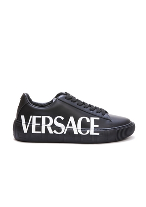 Versace Mens Black Leather Greca Logo Low-Top Sneakers