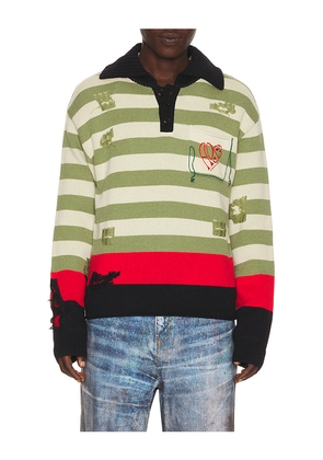 Andersson Bell Stripe Damaged Polo Sweater in Green. Size L. Also in M, XL/1X.