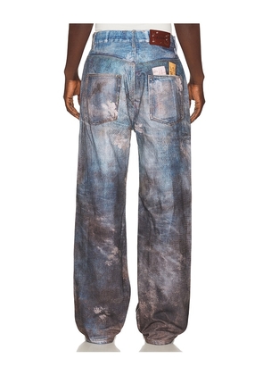 Andersson Bell Unisex Festival Mud Printed Jeans in Blue. Size 32. Also in 30, 36.