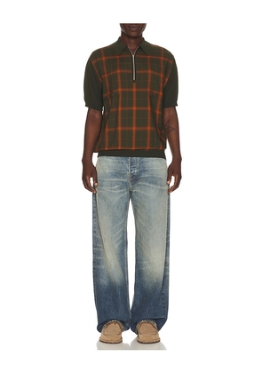 Beams Plus Half Zip Panel Polo Ombre Plaid in Olive. Size L. Also in M, S, XL.