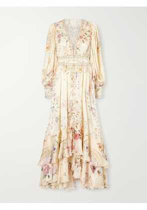 Camilla - Crystal-embellished Tiered Floral-print Silk-chiffon Midi Dress - Neutrals - x small,small,medium,large,x large,xx large