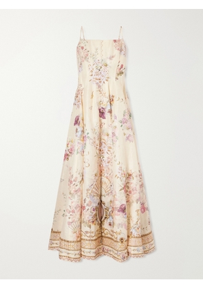 Camilla - Crystal-embellished Printed Linen And Silk-blend Midi Dress - Neutrals - x small,small,medium,large