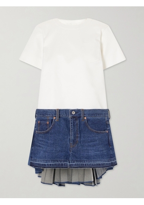 Sacai - Cape-effect Pleated Cotton And Silk-blend Jersey And Denim Mini Dress - White - 1,2,3,4