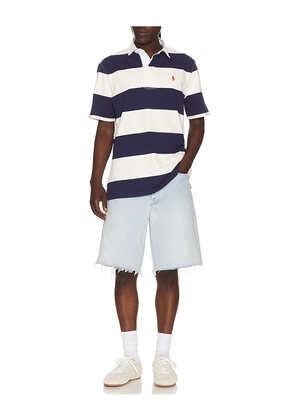 Polo Ralph Lauren Short Sleeve Jersey Knit Iconic Rugby Polo Stripe in Blue. Size L. Also in M, XL/1X.