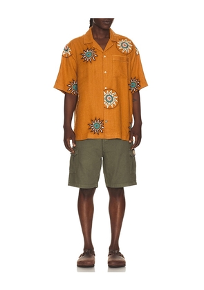 Scotch & Soda Embroidered Linen Relaxed Fit Short Sleeve Shirt in Orange. Size L. Also in M, S, XL/1X.