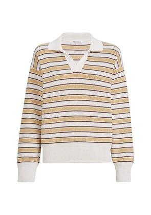 Brunello Cucinelli cotton knit polo with sparkling stripes - Neutrals