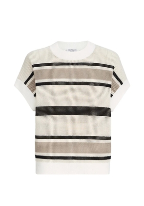 Brunello Cucinelli striped cotton net knit T-shirt - Neutrals