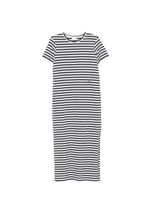 Closed striped-pattern short-sleeve midi dress - Blue