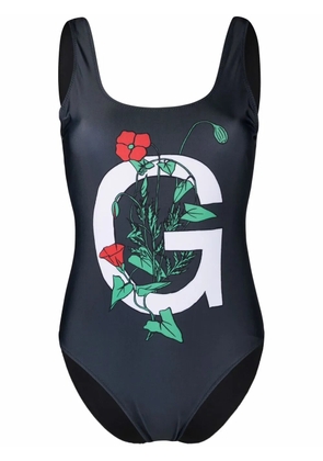 GANNI logo-print floral swimsuit - Grey