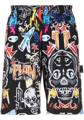 Philipp Plein graphic-print track shorts - Black