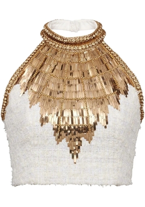 Balmain beaded halterneck cropped top - White