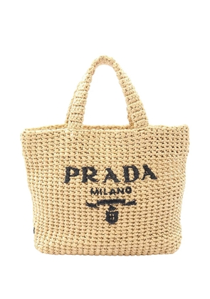Prada Pre-Owned 2013-2026 Small Raffia Effect Crochet Embroidered Logo tote bag - Neutrals