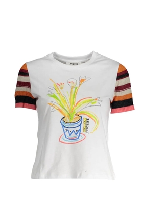 Desigual flower-pot print striped-sleeve T-shirt - White