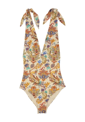 ETRO tie-shoulder paisley-print swimsuit - Neutrals