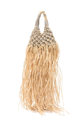 Hibourama mini Vannifique Rafia crystal-embellished fringed tote bag - Neutrals