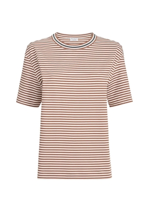 Brunello Cucinelli striped cotton jersey t-shirt with precious neckline - Brown