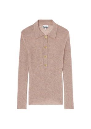 GANNI ribbed-knit long-sleeved polo top - Neutrals
