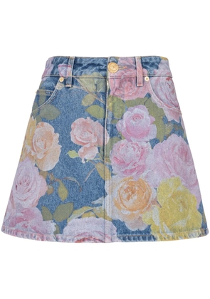 Balmain floral-print denim miniskirt - Blue