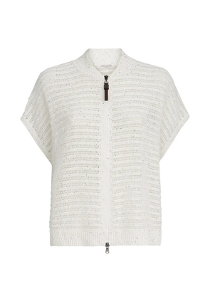 Brunello Cucinelli linen diamond yarn cardigan with openwork stripes and shiny zipper pull - White