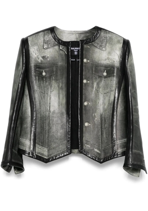 Balmain denim-print leather jacket - Grey