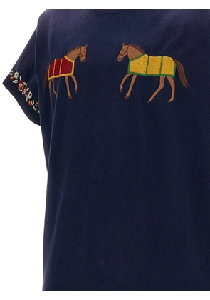 FOUND horse-embroidered floral-detail t-shirt - Blue