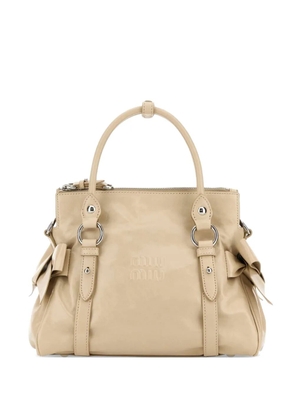 Miu Miu bow-detail logo-embossed leather tote bag - Neutrals