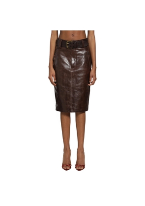 Belted Pencil Skirt in Creased Leather