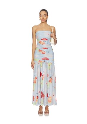 Bardot Solana Printed Mesh Maxi Dress in Baby Blue. Size 4. Also in 10, 12, 2, 6, 8.