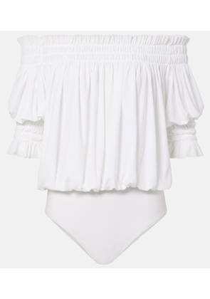 Norma Kamali Off-shoulder smocked bodysuit