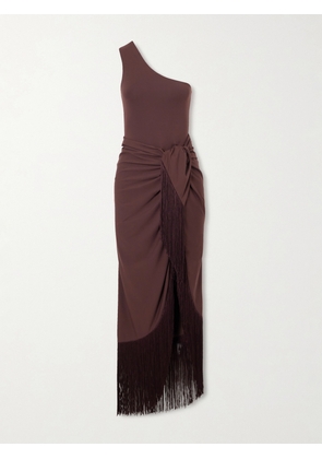 Taller Marmo - Rhodes One-shoulder Swimsuit And Fringed Pareo Set - Brown - x small,small,medium,large,x large