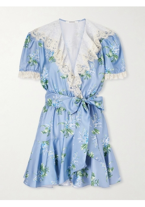 Rodarte - Ruffled Lace-trimmed Floral-print Silk-twill Mini Dress - Blue - US0,US2,US4,US6,US8