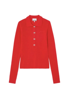 GANNI logo-button long-sleeve polo shirt - Red