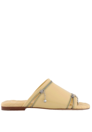 Burberry Leather Peep-Toe Slides With Equestrian Knight Design