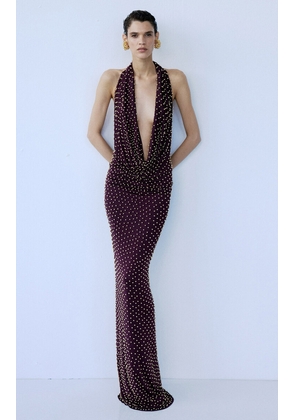The New Arrivals Ilkyaz Ozel Agel Plunging Halter Gown - Moda Operandi