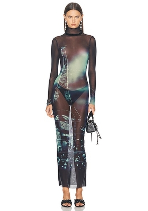 Jean Paul Gaultier Pigalle Turtleneck Mesh Long Printed Dress in Navy  Light Blue  White  & Black - Multi. Size XS (also in ).