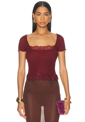 Saint Laurent Ribbed Lacy Top in Rouge Fonce - Burgundy. Size L (also in M, S).