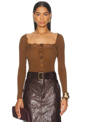 Saint Laurent Ribbed Lacy Button Up Top in Cognac - Cognac. Size L (also in M).
