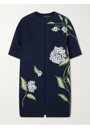 Oscar de la Renta - Embellished Embroidered Cotton-blend Tweed Coat - Blue - small,medium,large