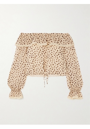 Posse - Priscilla Off-the-shoulder Lace-trimmed Cheetah-print Silk-georgette Blouse - Brown - xx small,x small,small,medium,large,x large,xx large