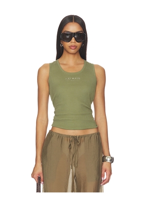 BALMAIN Small Balmain Paris Embroidered Jersey Tank Top in Army. Size XS. Also in L, M, S.