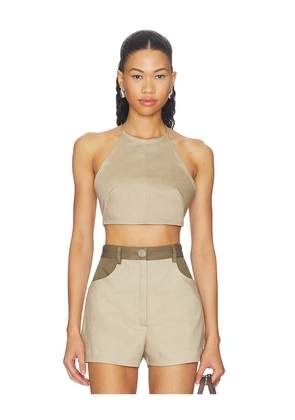 MATTHEW BRUCH Tie Halter Crop Top in Taupe. Size XS. Also in L, M, S.