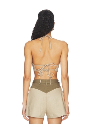 MATTHEW BRUCH Tie Halter Crop Top in Taupe. Size XS. Also in S, M, L.