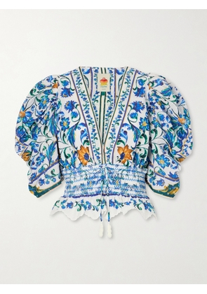 Farm Rio - Flora Tile Shirred Floral-print Cotton-poplin Blouse - Neutrals - xx small,x small,small,medium,large,x large