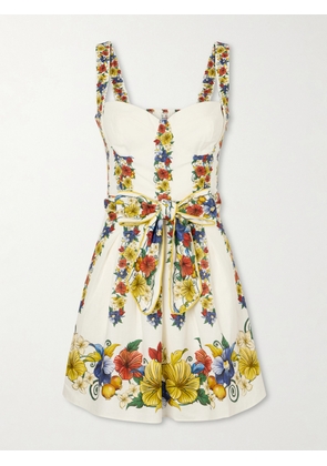 Farm Rio - Tropi Belted Printed Linen-blend Mini Dress - Neutrals - xx small,x small,small,medium,large,x large