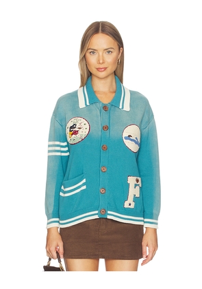 Found Varsity Patch Collared Cardigan in Teal. Size XS. Also in S, M, L, XL/1X.