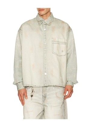 Won Hundred Maza Printed Denim Shirt in Blue. Size S. Also in M, L, XL/1X.