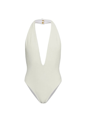 Balmain monogram-jacquard halterneck swimsuit - White