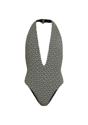 Balmain monogram-pattern halterneck swimsuit - Black